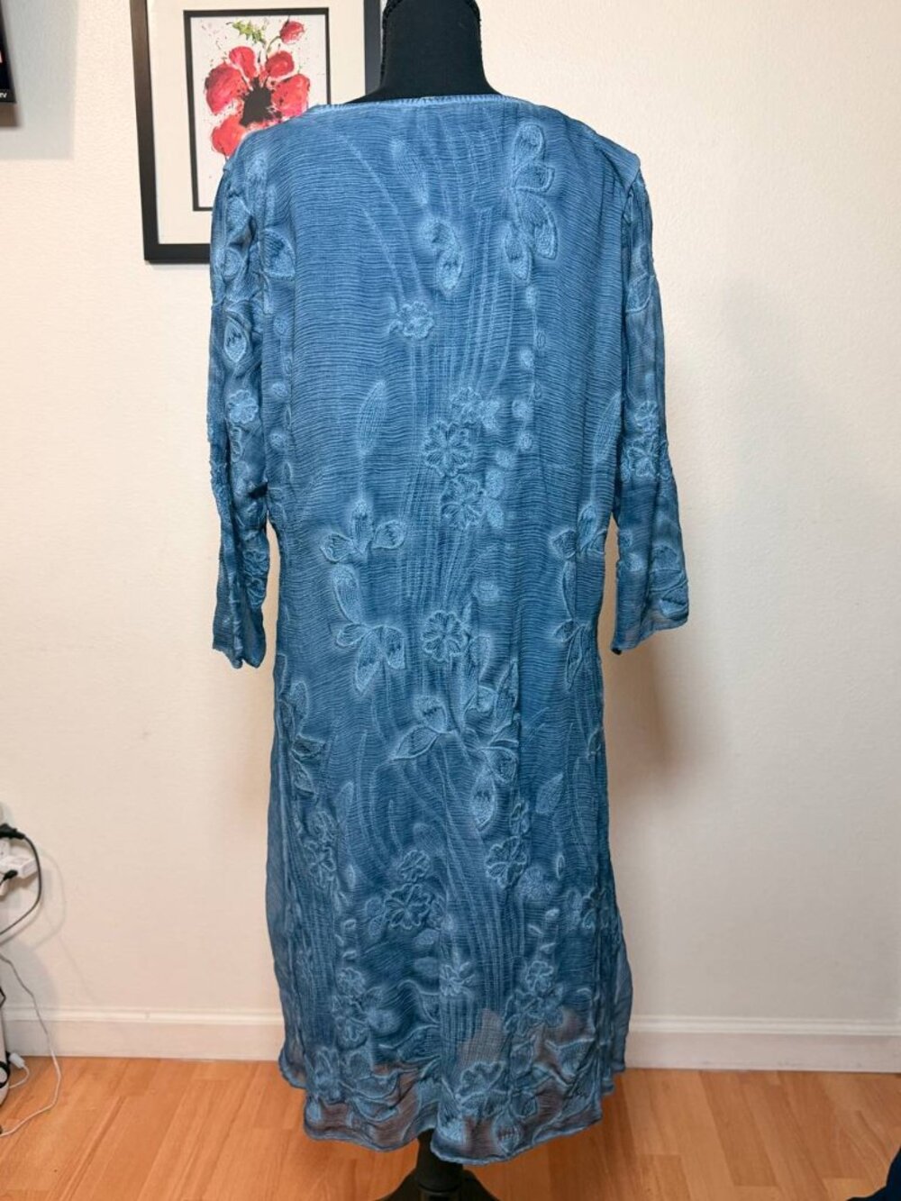 Soft Surroundings Cottagecore Blue Silk Floral Crinkle Dress Sz L - Picture 2 of 6